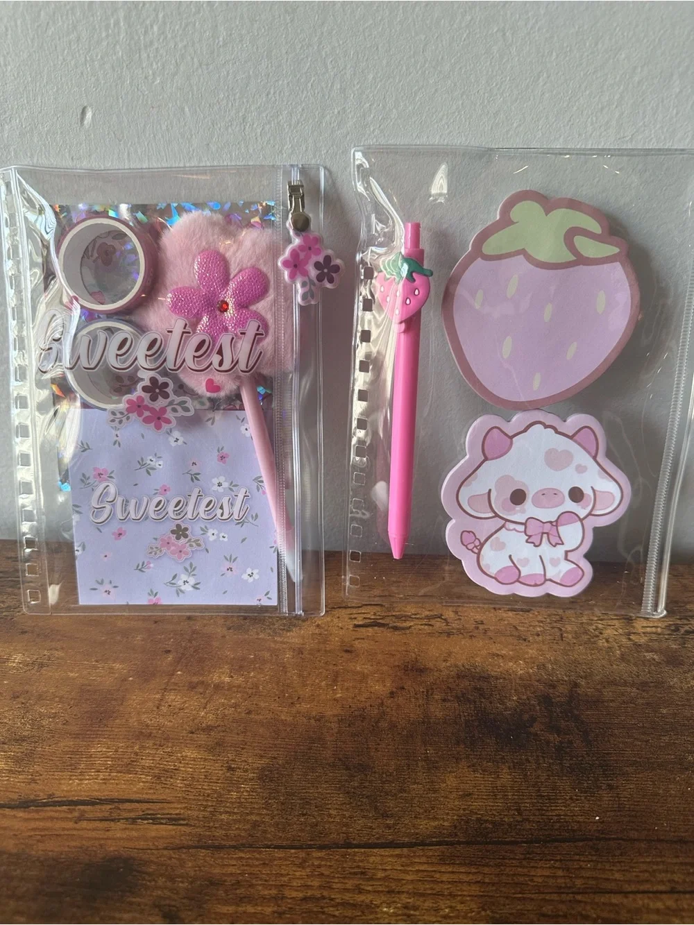 Two Clear Pencil Pouches Stationery Kit with Notepads, Fun Pens, Stickers NWOT